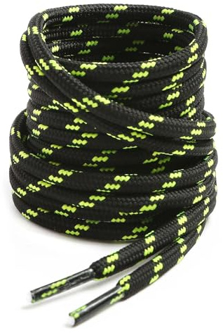 VSUDO 110 cm Lacets Chaussures de Travail et Bottes, Diamètre 4mm Lacets Ronds Noir de Randonnée, Robuste Cordon pour Bottes de Travail, Sécurité (1 Paire-Noir avec Point Vert Néon-110cm)