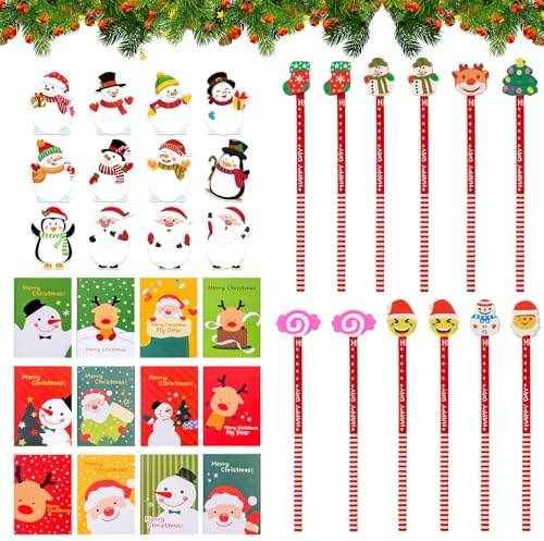 36 stycken skolpennor i set, jul HB blyertspennor med suddgummi, anteckningsbok och anteckningspapper jul, mini anteckningsblock jul, blyertspennor skrivmaterialset, skolkontor familj festpåse (A)