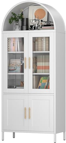 SUPEER Vitrine aus Metall Sideboard Standschrank mit Bogendach,Vitrinenschrank Küchenschrank mit 2 Glasstür und 2 Die Metalltür, Glasvitrine Schrank für Wohnzimmer Schlafzimmer, 185x80x40 cm（weiß）