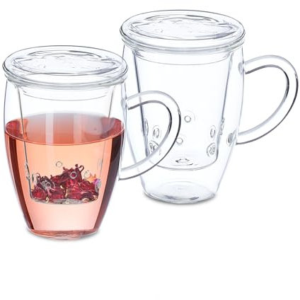 Relaxdays Teeglas, 2er Set, mit Siebeinsatz, Deckel & Henkel, Volumen 450 ml, Borosilikatglas, Teetasse, transparent