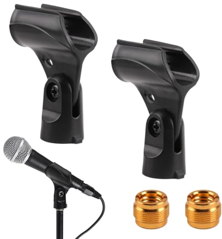 2 Pack Universal Microphone Holder 180° Adjustable Microphone Clip Attachment Large Handhold Mic Stand with 5/8 to 3/8 Mic Copper Screw Adapter for Wired Wireless Mic Clamp