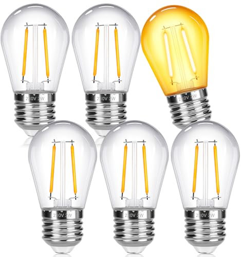 SCNNC Lampadine S14 LED E27 230V 2W Bianco Caldo 2700K Plastica, Lampadina a Filamento E27 ST45 Non Dimmerabile, Lampadine di Ricambio per Catena Luminosa da Esterno Giardino Festa, 6 Pezzi