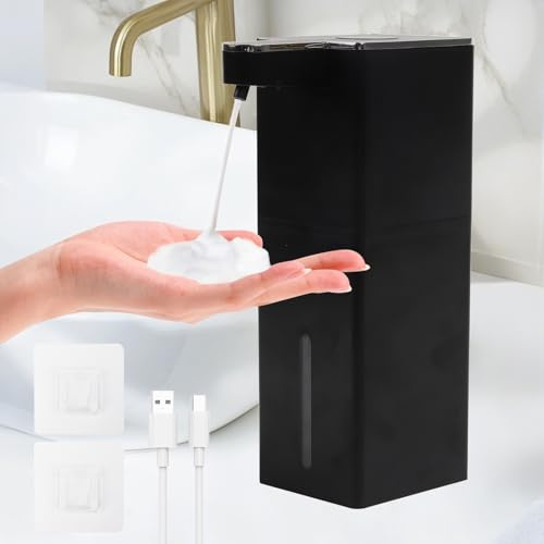 Longzhuo Dispensador de Jabón Automático 400 ml, Ipx5 Resistente Al Agua,Sin Contacto con Sensor de Infrarrojos (0,25 S) Tipo de Espuma USB,Dispensadores de loción y de jabón, Negro