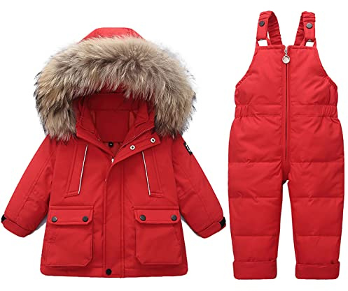 Combinaison de Ski pour Enfant Ensembles de Neige Bébé Doudoune à Capuche Pantalons Salopettes Zippé Fourrure Amovible Veste en Duvet Hiver Chaud Tenue Plein Air pour 1-5 Ans
