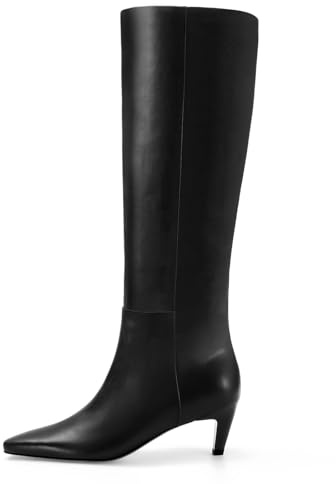 WJZDSJCO Black Knee High Boots for Women Low Kitten Heeled Tall Boot Square Toe Sexy Pull on Winter Fashion Long Boots