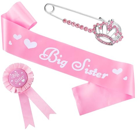 Heclia Ensemble d'accessoires 3 pièces pour grandes sœurs avec écharpe « Big Sister », badge et couronne de fleurs pour fête prénatale, fête prénatale, cadeau de remise de diplôme, Noël, anniversaire
