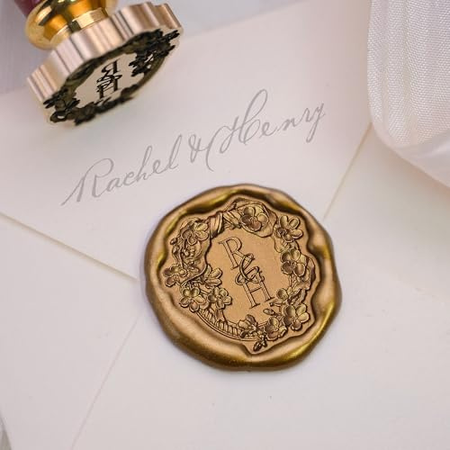 Sello de cera personalizado con iniciales y flores – Sello personalizado de latón con mango de madera – Sello vintage para invitaciones de boda, proyectos de bricolaje y envoltorio de regalo