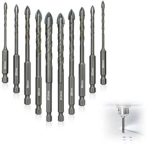 Set de Foret Sec 10 pièces Foret Excentrique à Tête Oblique 3/4/5/6/8/10/12 mm Jeu de Forets en Carbure avec Changement Rapide Tige Hexagonale pour Plastique Carrelage Matériaux Carreaux Porcelaine