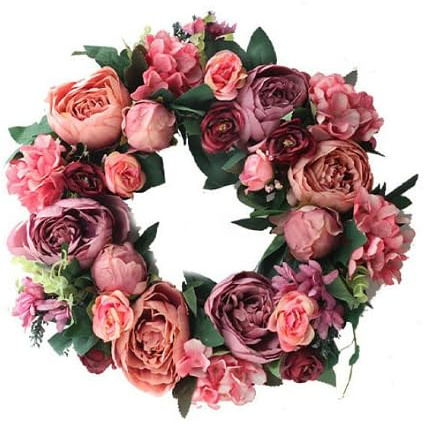 Corona de peonía artificial para puerta delantera, coronas de primavera de peonía rosa claro para exterior, corona floral de verano para casa de campo, oficina, hogar, boda, festival, decoración (15.7