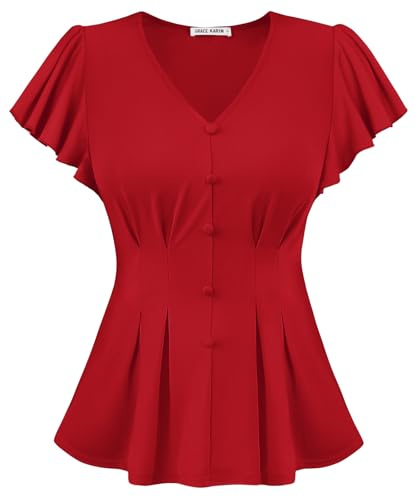 GRACE KARIN Chemisier D'Été Élégant pour Femme avec Encolure en V Et Manches À Jabot, pour Occasions Festives