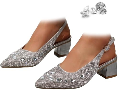 GHTRHSB Décolleté da donna a punta con tacco a blocco, cinturino alla caviglia scintillante alla moda, sandali da sera chiusi, Argento, 41 EU