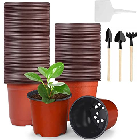 Seasboes 50 stycken krukor, plastplantor för plantskola krukor blomkrukor 15 cm blomma för inomhus och utomhus levereras med 10 växtetiketter och 3 trädgårdsredskap