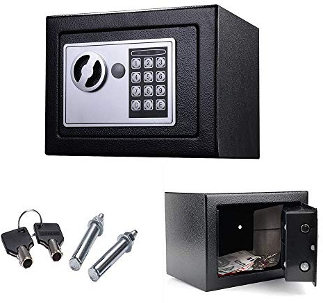 Caja Fuerte Pequeña, Cajas Fuertes de Seguridad Electrónica Negra de 4,6L para Oficina, Hoteles, El Hogar, Cajas Fuerte Empotrables con Teclado Digital y 2 llaves de Emergencia, 23x17x17cm