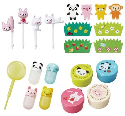 OTSUMAMI TOKYO Bento-Box-Zubehör, 4 Arten, super niedlicher Mini-Behälter, Kawaii-Dekorationsblätter, Sojasaucenbehälter mit Pipette, japanische 4 Lunchbox-Dekor-Set