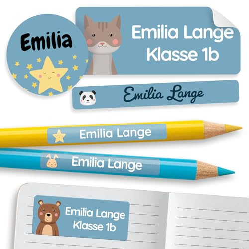 melu kids® Namensaufkleber Set für Kinder in der Schule (60 Stück) - Personalisierte Aufkleber mit Namen für Schulsachen - Wasserfest und in verschiedenen Größen - blau
