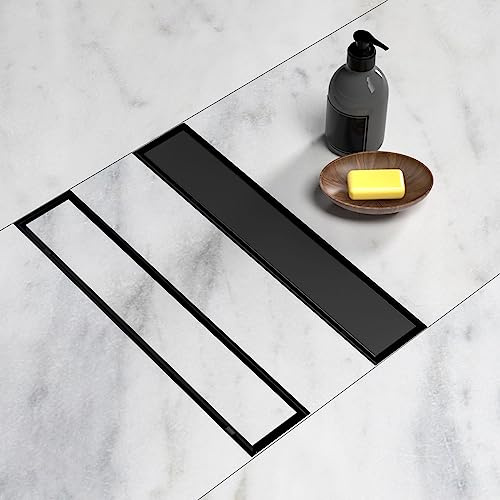 BARONAGE 12 Inch Linear Shower Drain Black, Rectangle Shower Floor Drain Reversible 2-in-1 Tile Insert Cover, 304 Stainless Steel Black Linear Drains with Accessories for Tiled Bathroom