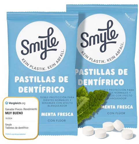 Tabletas de dentífrico Smyle: Veganas, con fluor, sin plástico, dentífrico sólido biodegradable, (1 x 125 piezas).