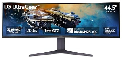 LG 45GR65DC-B Ultragear Curved Gaming Monitor 45-Inch 32:9 QHD 200Hz 1ms UltraWide Display AMD FreeSync Premium Pro VESA DisplayHDR 600 HDMI 2.1 x2 DP UBS x3 Tilt/Height/Swivel Stand - Black