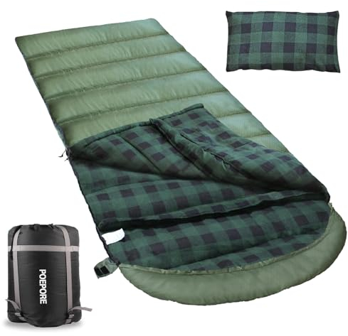Poepore XXL Schlafsack Outdoor für Erwachsene 3–4 Jahreszeiten Baumwolle Flanellfutter Camping Schlafsäcke Winter Deckenschlafsack Wasserdichter und Warmer 230 x 90CM Grün