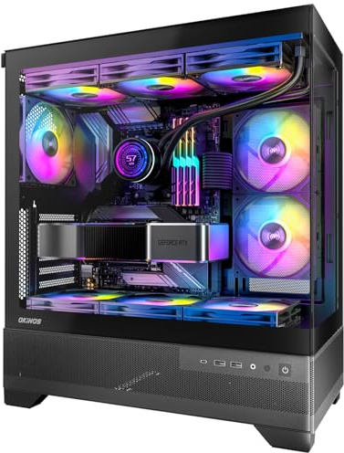Okinos Aqua 7, Pre-Installed 6 × 120mm PWM ARGB Fan, ATX Mid Tower PC Case, Computer case with Panoramic View Tempered Glass Front & Side Panel, Type C Port, Gaming PC Case, Black