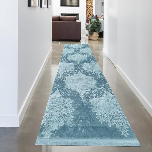 CARPETIA Orientzauber in Türkis/Blau: Strapazierfähiger Wollteppich mit Fransen Größe 80 x 300 cm