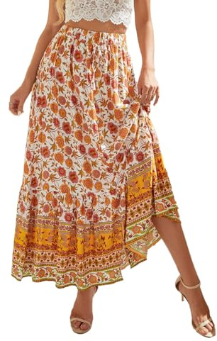 EMOTTOS Jupe Bohème Longue Maxi Élastique Taille Haute Été Florale Trapèze A-Ligne Rétro Avec Bretelle Décorative Pour Femme, Jaune XL