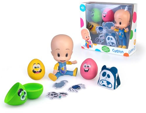 CLEO & cuquin - Cuquin y los Huevos Sorpresa, Muñeco de Vinilo con 3 Huevos Sorpresa con 3 Animalitos Dentro y 1 Mochila Textil, Figura de 20 cm Articulada, Oficial de Cuquín, Famosa (CUQ00000)