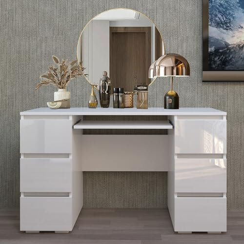LSBIKE White Desk with 6 Drawers High Gloss Computer Desk Table Dressing Table with Drawers Home Office Writing Study Standing Desk with Storage Drawer 120x50x70cm