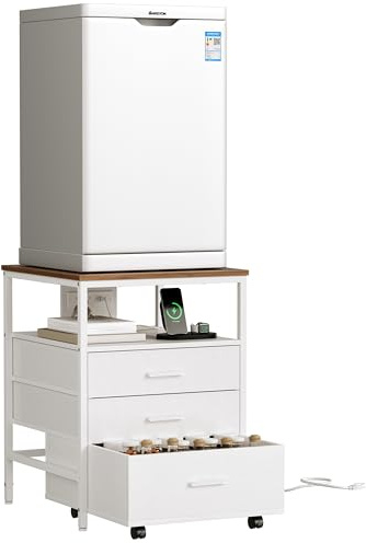 Herture Mini Fridge Stand with Storage, Ergonomic 4-Tier Organizer Mini Fridge Table with Power Outlet and Rolling Cabinet, Heavy-Duty Refrigerator Stand for Home and Office, White HB02BXW