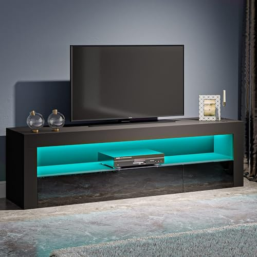 Panana Modern TV Unit Stand Cabinet with 2 Drawer Open Shelf Sideboard 120cm Media Storage with RGB LED Lights up to 55 TVs Screen (Black)