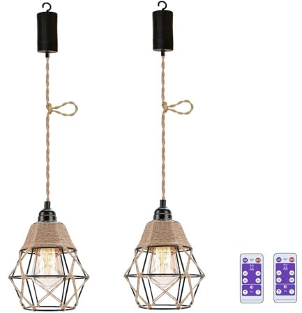 EcoGehen 2x Boho Hängelampe mit Batterie Vintage Deckenlampe Ohne Stromanschluss Batteriebetrieben Glühbirne Hängeleuchte Hängend Lampen Akku Pendelleuchte Batterien Deckenleuchte Rattan Lampenschirm