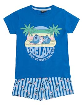 Disney Pijama niño Verano 100% algodón - Pijama Manga Corta Stitch Waves para niño – pantalón Corto con Cinturilla elástica Estampado – Tejido Suave al Tacto, Azul - Talla 8 años