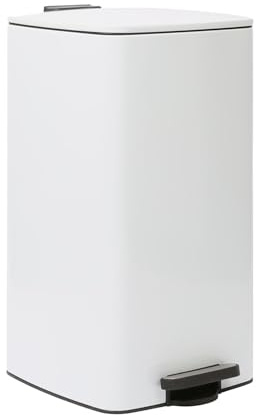 Harbour Housewares 30L Square Pedal Bin – White Stainless Steel Kitchen Trash Can with Soft-Close Lid, Hands-Free Foot Pedal, Removable Inner Bucket & Rubbish Recycling Bin