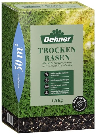 Dehner Semi di erba secca, semi di alta qualità per prati durevoli/resistenti alla siccità, germinazione veloce/facile da pulire, ideali per i caldi mesi estivi, 1,5 kg per circa 50 m²