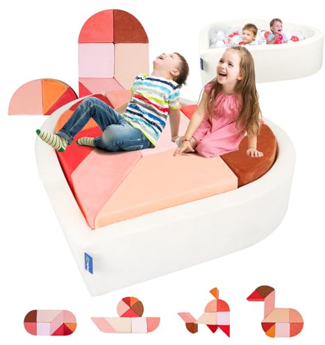 Kids Play Couch, 2-in-1 Heart-Shape Kids Plays Sofa with Unique Ball Pit(no Balls Included), Tangram Puzzle Play Couch for Playroom, Modular Play Sofa for Inspiring Creativity, Glow