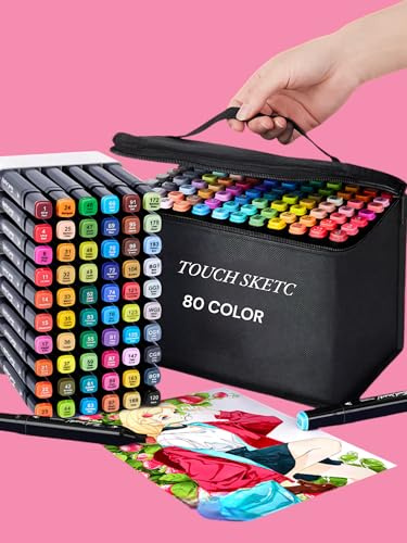 Alcohol Based Art Markers Pens - 80 Colors Marker Set Dual Tip Permanent Colouring Pens for Drawing Coloring Graffiti - Double Ended Fine & Broad for Anime Manga Adults Kids with Carrying Case Base