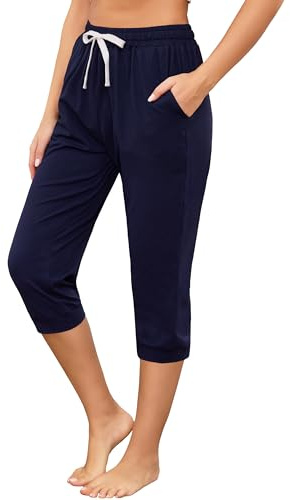 Vlazom Pantalon de Pyjama Femme 7/8 Coton Élastique avec Cordon Blanc et Poches, Confortable et Léger，Bleu Marine，S