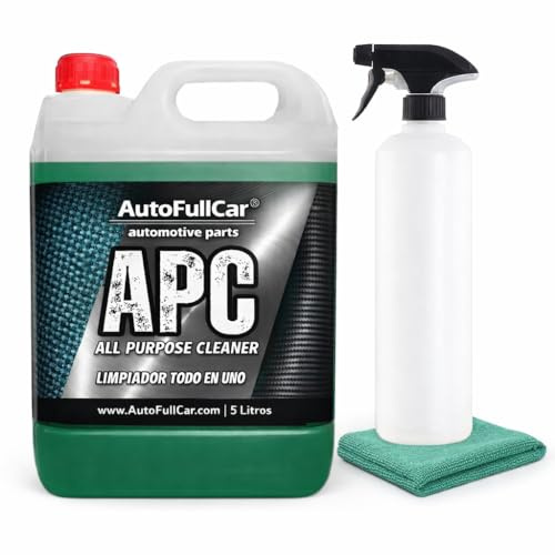 AutoFullCar APC Ultra Concentrado 5 Litros, Limpiador Multiusos para Coche, Limpieza Interior Exterior Llantas Tapicería Motor, Dilución en Agua, Incluye Botella y Bayeta Microfibra