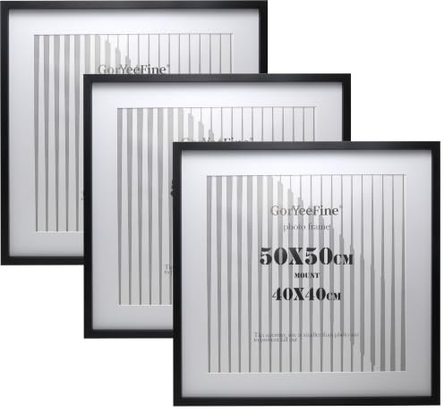 GorYeeFine 50x50cm Square Black Picture Frames,Set of 3 | Acrylic front frame, acid‑free mat for 40x40cm photos, MDF backboard, wall & tabletop display, chrismas&home decor