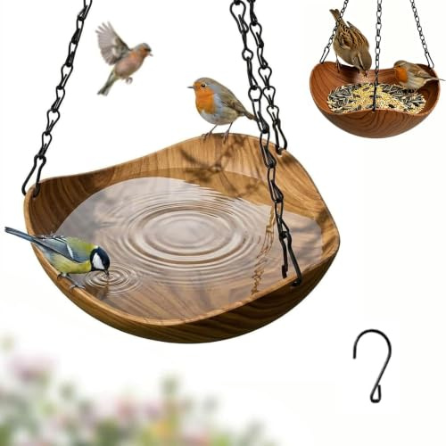 Vasque à Oiseaux Sauvages Suspendue Aspect Bois, Abreuvoir extérieur pour Jardin, Bol décoratif pour Oiseaux, Abreuvoir de Jardin pour décoration extérieure