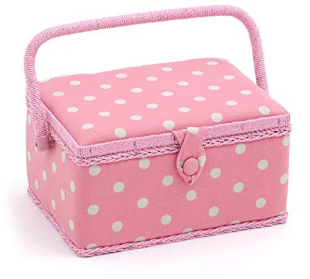Hobby Gift Exclusive Medium Sewing Craft Hobby Storage Box, Accessories Tray Pin Cushion Pocket PVC Handle 18.5 x 25.5 x 14.5cm, Polka Dot Pink