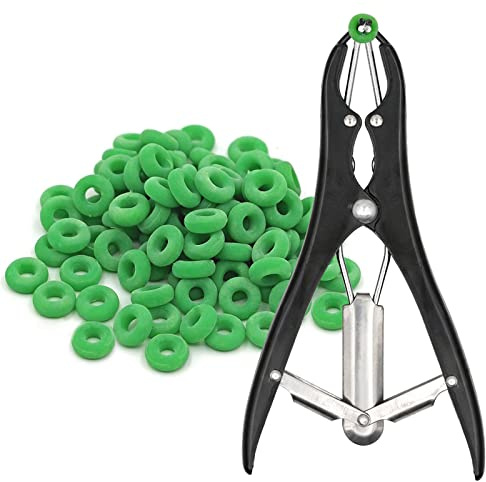Pinza per castrazione del maiale Morsetto per elastratore per fascia di castrazione (1 pinza per castrazione del maiale con e 200 anelli per anelli di gomma) - Kit di pinze in metallo