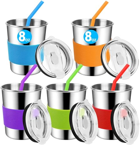 Yummy Sam 8oz Kids Stainless Steel Cups with Silicone Straws and Lids, 235ml Small Size Spill-proof Metal Tumblers for Kids, Toddler Cups with Heat-insulated Sleeves 5 Pack
