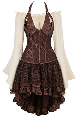 Grebrafan Corset Cuero Falda Fiesta y Blusa Pirata Steampunk Conjunto de Corsés y Bustiers (EUR(32-34) S, Marrón)