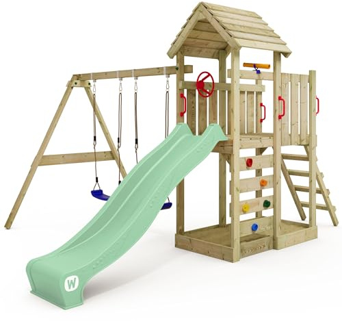 WICKEY Aire de Jeux MultiFlyer portique avec Toit en Bois & balançoire et Toboggan, Tour d'escalade pour Enfants avec bac à Sable, échelle et Accessoires de Jeu pour Le Jardin - Vert Pastel