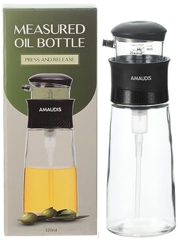 AMAUDIS bouteille pour l´huile anti-goutte en verre 320 ml avec bec verseur et doseur, distributeur d'huile, vinaigre, sauce soja, huilier idéale pour cuisine, barbecue, maison ou restaurant