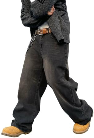 DFGIGT Men's Baggy Hip Hop Jeans Wide Leg Skater Denim Pants Casual Loose Fit Long Trousers Streetwear Jinco Oversized Relaxed Y2k 2000s Extreme Motion Skateboard,A10 Black,Medium