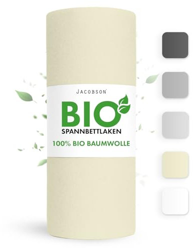 Jacobson Bio Spannbettlaken 180x200cm Baumwolle Spannbettlaken, GOTS zertifiziertes Bettlaken, 160g/m² Jersey Spannbetttuch (180x200, Natur)
