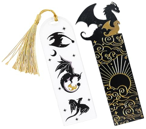 Pack of 2 Black Gold Dragon Bookmarks, Double-Sided Pattern, Cool Acrylic with Cloud and Sun Engraving, Reading Gift