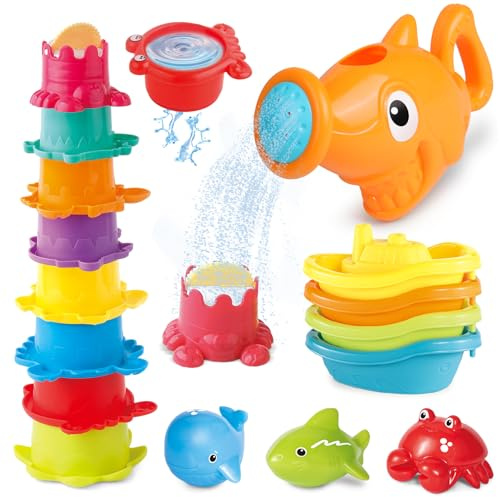 Baby Bath Toys for 1 2 3 4 Year Olds Toddlers, 16PCS Mould Free Water Play Swimming Pool Toy for Kids No Mould Watering Can Bath Boat Bath Cups for Boys Girls, Ideal Summer Gifts for 6-12 Months